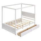 Struttura Letto a Baldacchino Matrimoniale con Letto Estraibile e 2 Cassetti Contenitore, Letto a Piattaforma Matrimoniale in Legno con Testiera, Bianco
