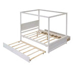 Struttura Letto a Baldacchino Matrimoniale con Letto Estraibile e 2 Cassetti Contenitore, Letto a Piattaforma Matrimoniale in Legno con Testiera, Bianco