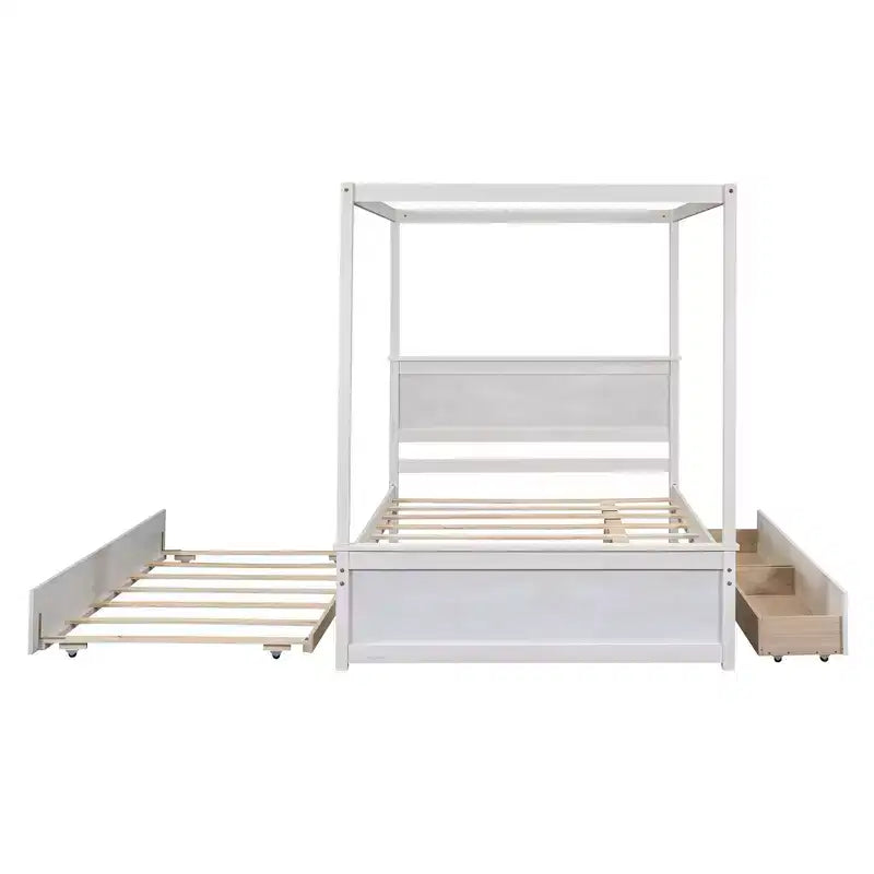 Struttura Letto a Baldacchino Matrimoniale con Letto Estraibile e 2 Cassetti Contenitore, Letto a Piattaforma Matrimoniale in Legno con Testiera, Bianco