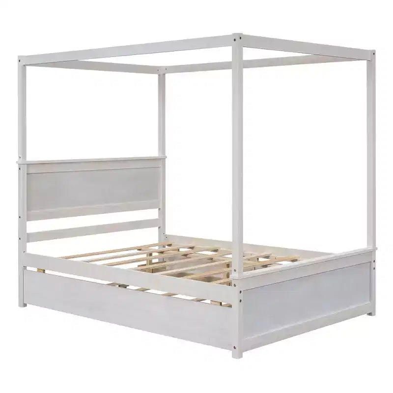 Struttura Letto a Baldacchino Matrimoniale con Letto Estraibile e 2 Cassetti Contenitore, Letto a Piattaforma Matrimoniale in Legno con Testiera, Bianco