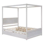 Struttura Letto a Baldacchino Matrimoniale con Letto Estraibile e 2 Cassetti Contenitore, Letto a Piattaforma Matrimoniale in Legno con Testiera, Bianco