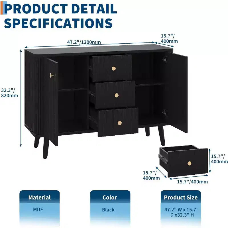Madia da 47" con cassetti, credenza scanalata con 2 ante e 3 cassetti, per ingresso, cucina, soggiorno