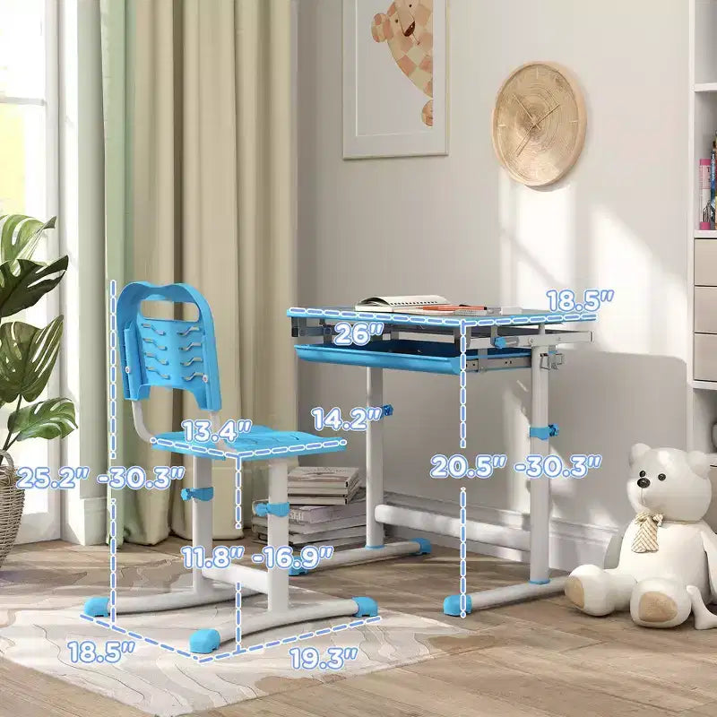 Set di scrivania e sedie regolabili Whisen per bambini, set ergonomico di tavolo e sedie con cassetto portaoggetti - Blu