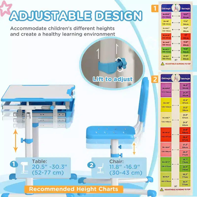 Set di scrivania e sedie regolabili Whisen per bambini, set ergonomico di tavolo e sedie con cassetto portaoggetti - Blu