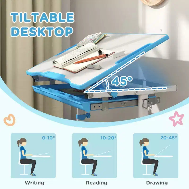Set di scrivania e sedie regolabili Whisen per bambini, set ergonomico di tavolo e sedie con cassetto portaoggetti - Blu