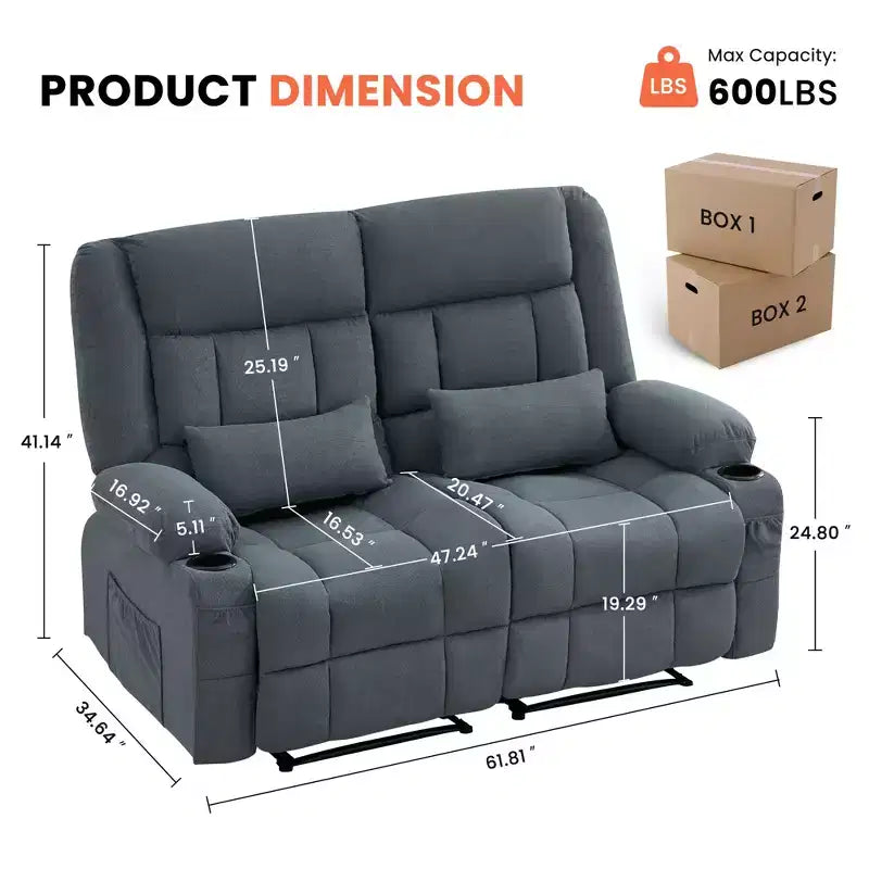 AndMakers Divano Reclinabile Rettangolare in Tessuto con Braccioli Imbottiti e Portabicchieri, Largo 157 cm