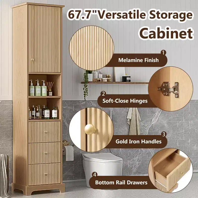 Mobiletto da bagno autoportante con 3 cassetti, ripiano regolabile, ante a chiusura ammortizzata - ModernLuxe