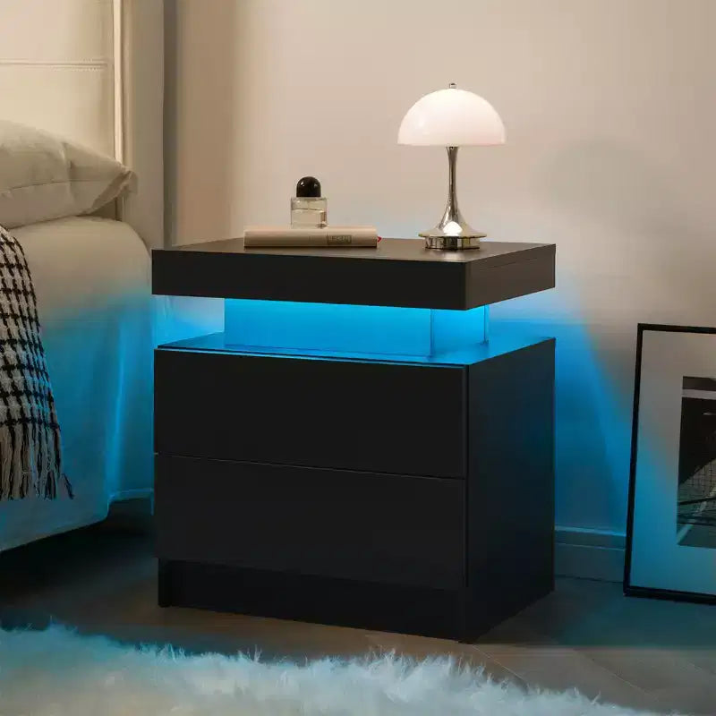 Comodino a LED, comodino moderno con 2 cassetti per camera da letto (nero)
