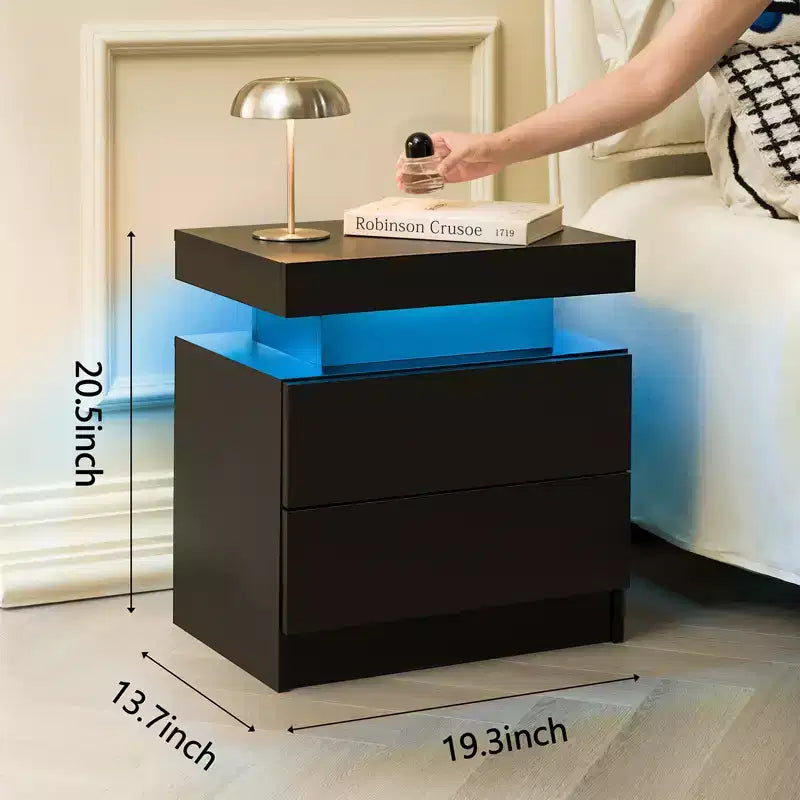 Comodino a LED, comodino moderno con 2 cassetti per camera da letto (nero)