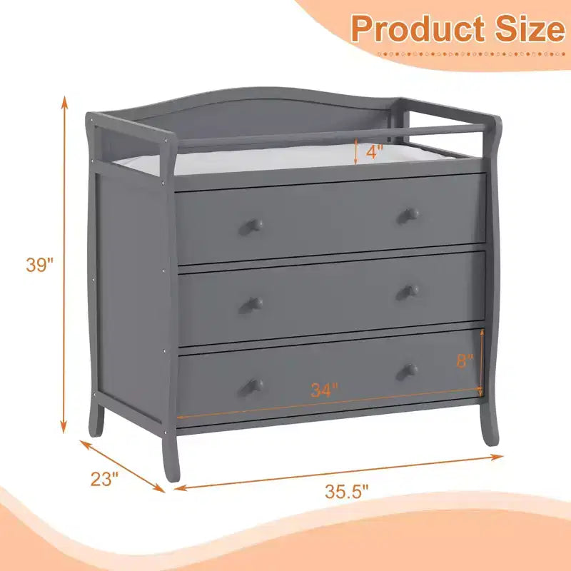 Fasciatoio in legno grigio con 3 cassetti, sponde di sicurezza e cinghia per neonati per cameretta/camera da letto