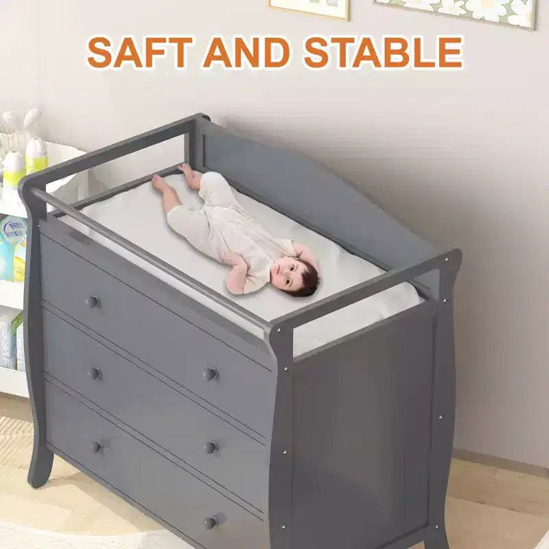Fasciatoio in legno grigio con 3 cassetti, sponde di sicurezza e cinghia per neonati per cameretta/camera da letto