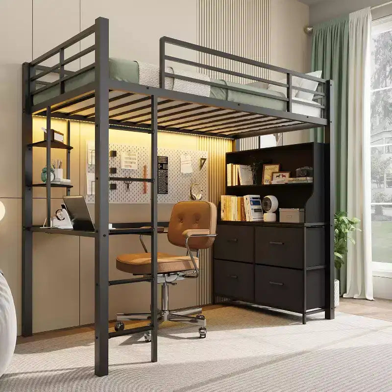 Double loft bed with desk, 4 large fabric drawers and open shelves, equipped with lights, sockets, safety rails and ladder, space-saving