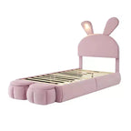 Letto imbottito a piattaforma, misura singola, per bambini, con testiera a forma di orecchie di cartone animato e luce, rosa