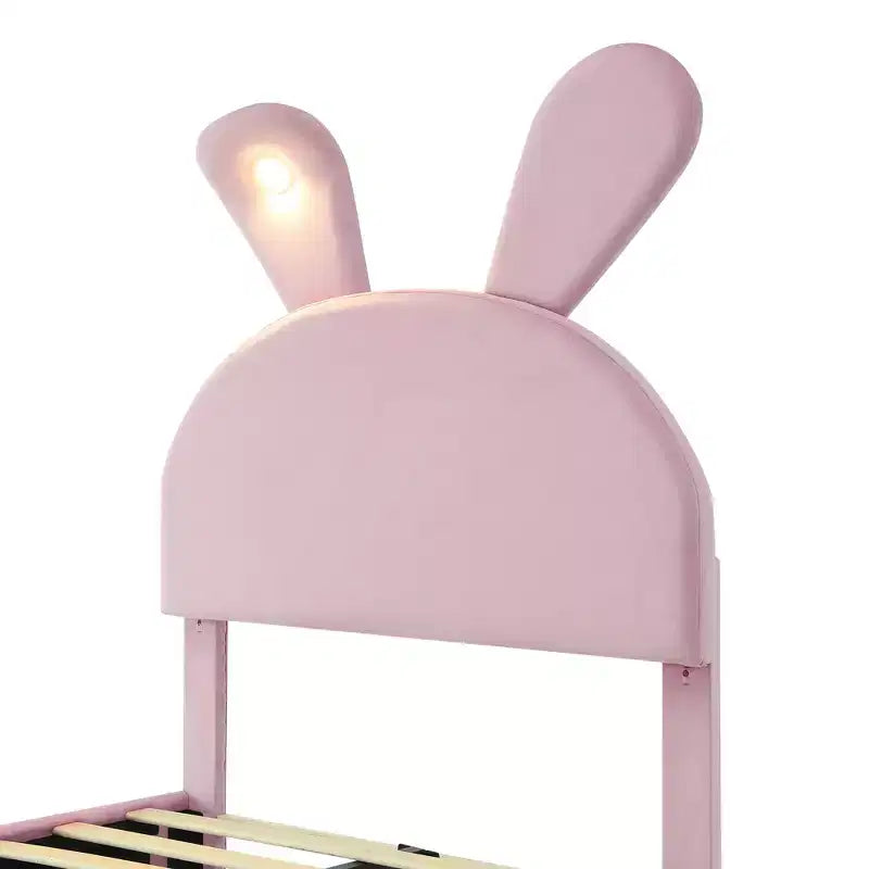 Letto imbottito a piattaforma, misura singola, per bambini, con testiera a forma di orecchie di cartone animato e luce, rosa