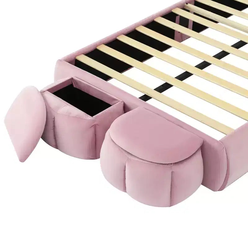 Letto imbottito a piattaforma, misura singola, per bambini, con testiera a forma di orecchie di cartone animato e luce, rosa