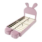 Letto imbottito a piattaforma, misura singola, per bambini, con testiera a forma di orecchie di cartone animato e luce, rosa