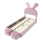 Letto imbottito a piattaforma, misura singola, per bambini, con testiera a forma di orecchie di cartone animato e luce, rosa