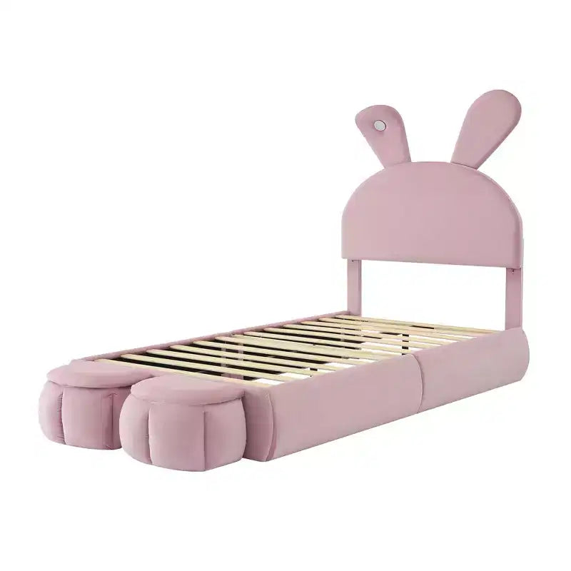 Letto imbottito a piattaforma, misura singola, per bambini, con testiera a forma di orecchie di cartone animato e luce, rosa
