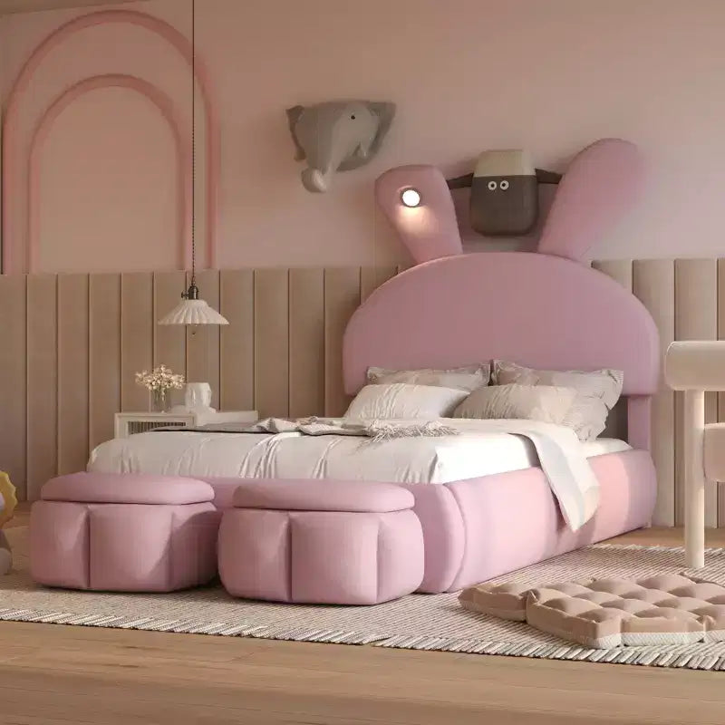 Letto imbottito a piattaforma, misura singola, per bambini, con testiera a forma di orecchie di cartone animato e luce, rosa