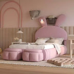 Letto imbottito a piattaforma, misura singola, per bambini, con testiera a forma di orecchie di cartone animato e luce, rosa