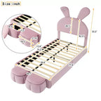 Letto imbottito a piattaforma, misura singola, per bambini, con testiera a forma di orecchie di cartone animato e luce, rosa