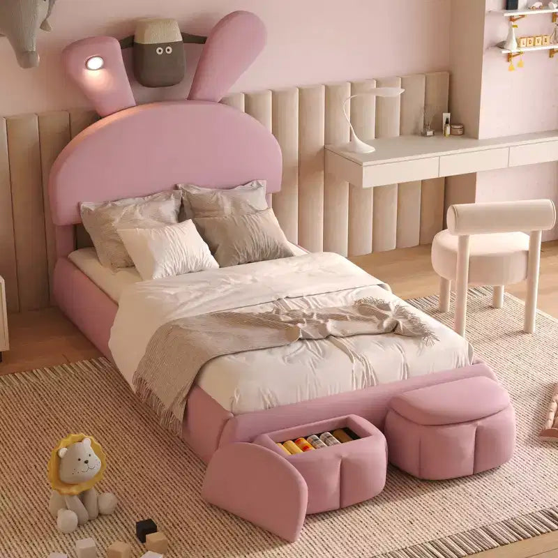 Letto imbottito a piattaforma, misura singola, per bambini, con testiera a forma di orecchie di cartone animato e luce, rosa