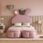 Letto imbottito a piattaforma, misura singola, per bambini, con testiera a forma di orecchie di cartone animato e luce, rosa