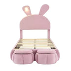 Letto imbottito a piattaforma, misura singola, per bambini, con testiera a forma di orecchie di cartone animato e luce, rosa