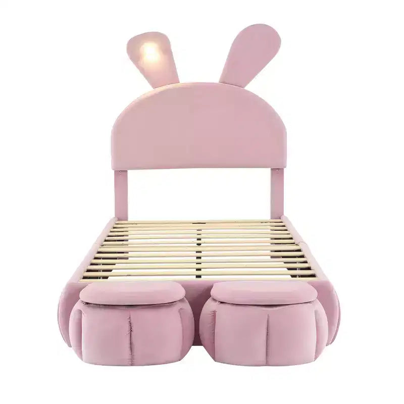 Letto imbottito a piattaforma, misura singola, per bambini, con testiera a forma di orecchie di cartone animato e luce, rosa
