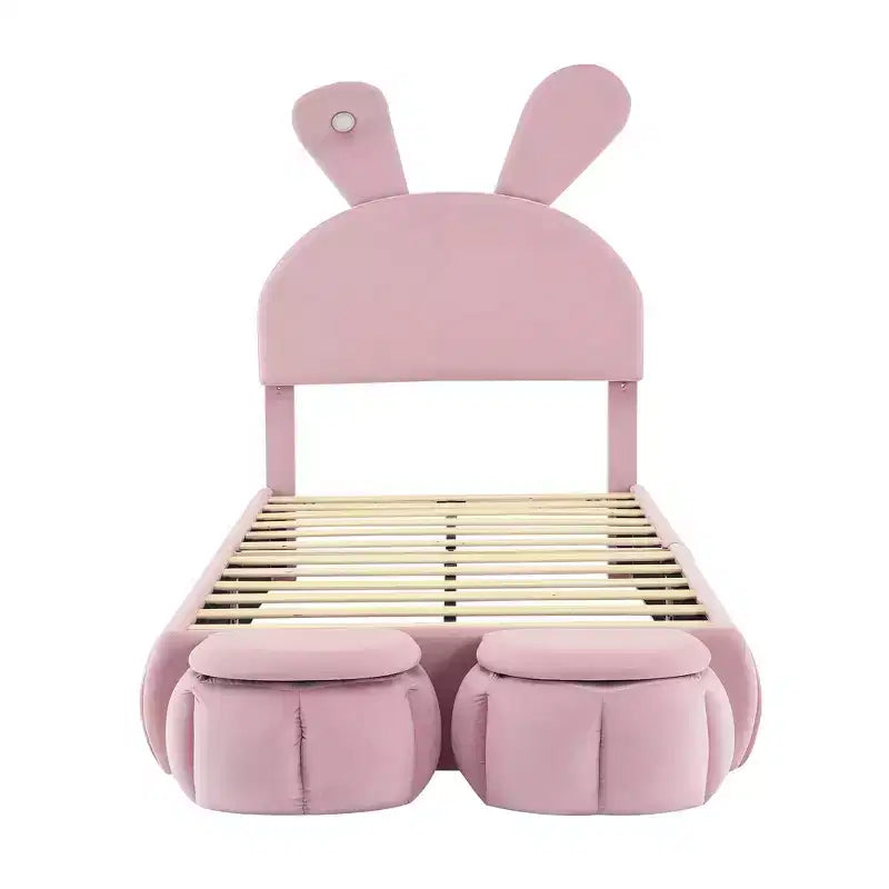 Letto imbottito a piattaforma, misura singola, per bambini, con testiera a forma di orecchie di cartone animato e luce, rosa