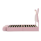 Letto imbottito a piattaforma, misura singola, per bambini, con testiera a forma di orecchie di cartone animato e luce, rosa