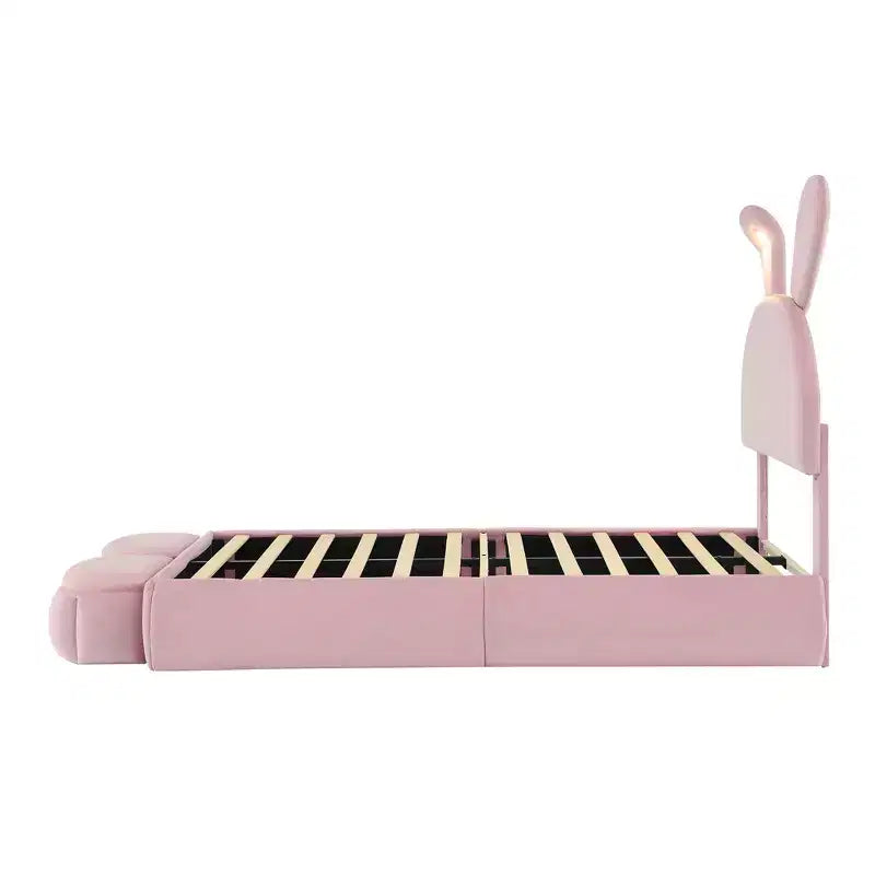 Letto imbottito a piattaforma, misura singola, per bambini, con testiera a forma di orecchie di cartone animato e luce, rosa