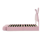 Letto imbottito a piattaforma, misura singola, per bambini, con testiera a forma di orecchie di cartone animato e luce, rosa