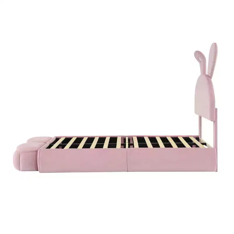Letto imbottito a piattaforma, misura singola, per bambini, con testiera a forma di orecchie di cartone animato e luce, rosa