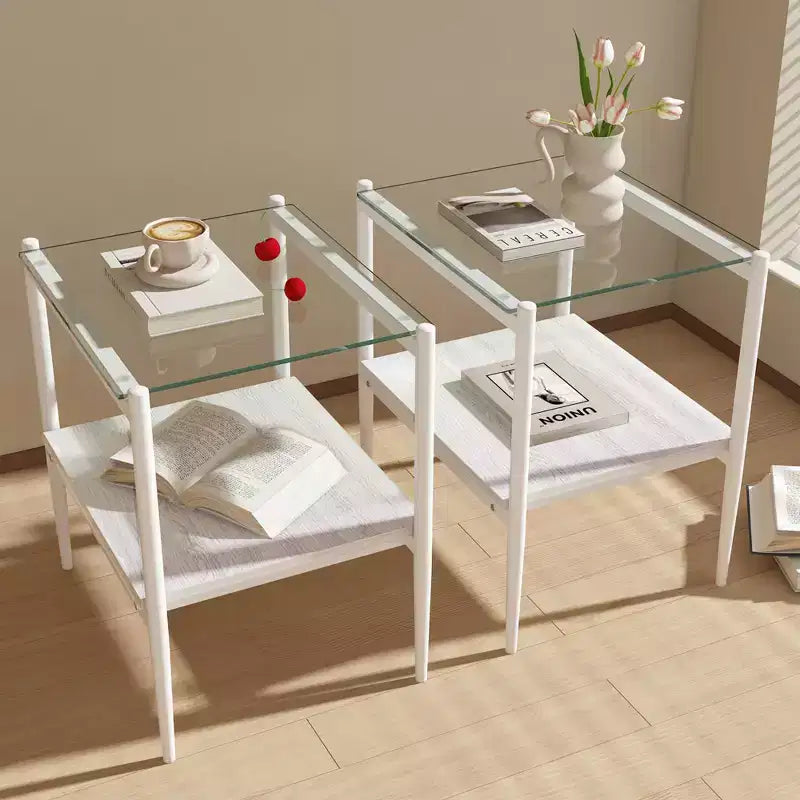 Okak Tavolino Moderno con Piano in Vetro Temperato, Tavolino Laterale con Ripiano Inferiore e Struttura in Metallo, Tavolino da Divano per Soggiorno, Set di 2