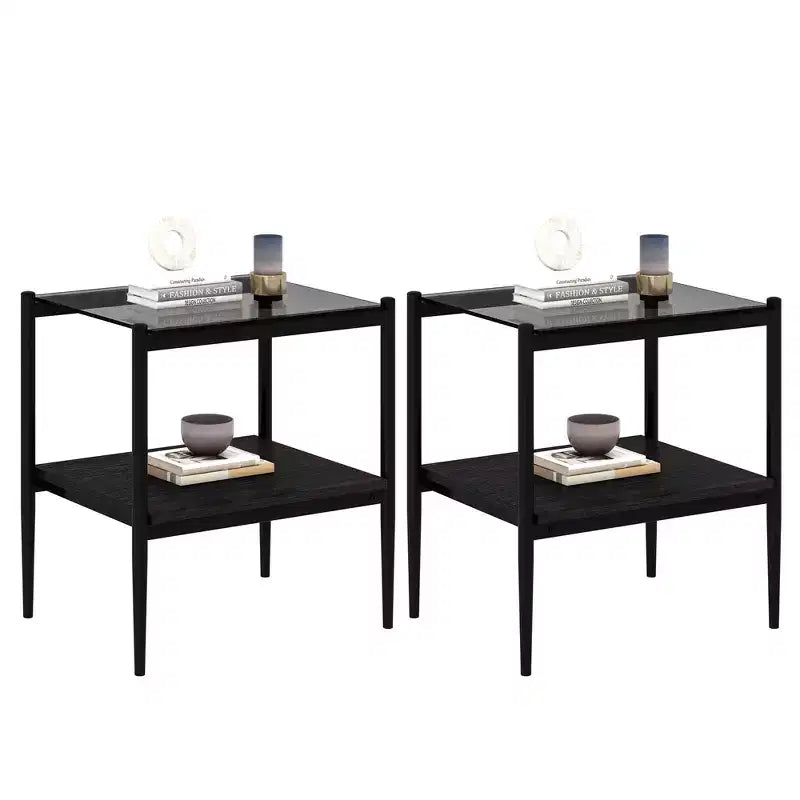 Okak Tavolino Moderno con Piano in Vetro Temperato, Tavolino Laterale con Ripiano Inferiore e Struttura in Metallo, Tavolino da Divano per Soggiorno, Set di 2