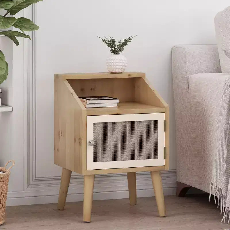 Tavolino moderno Okak con ripiano e cassetto, tavolino laterale con gambe robuste, tavolino da divano per salotto, camera da letto, naturale+bianco