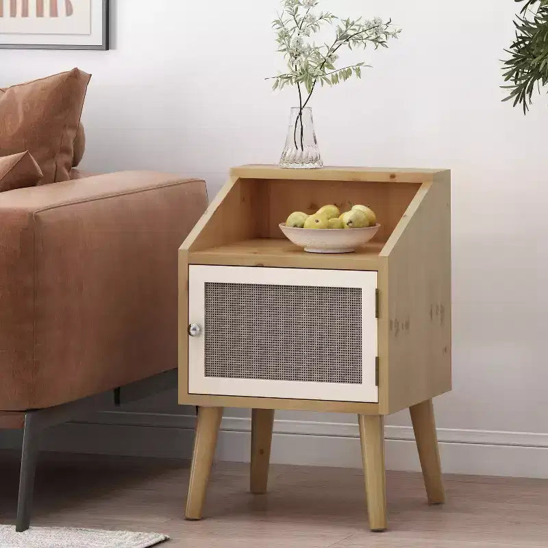 Tavolino moderno Okak con ripiano e cassetto, tavolino laterale con gambe robuste, tavolino da divano per salotto, camera da letto, naturale+bianco