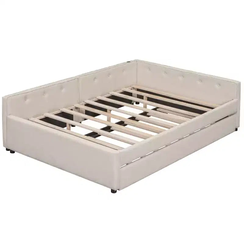 Divano Letto Imbottito con Letto Estraibile e Porta USB, Divano Letto in Legno con Testiera a L per Bambini Adolescenti Adulti, Beige