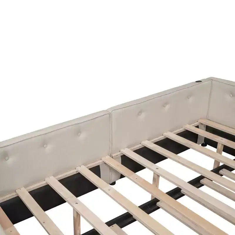 Divano Letto Imbottito con Letto Estraibile e Porta USB, Divano Letto in Legno con Testiera a L per Bambini Adolescenti Adulti, Beige