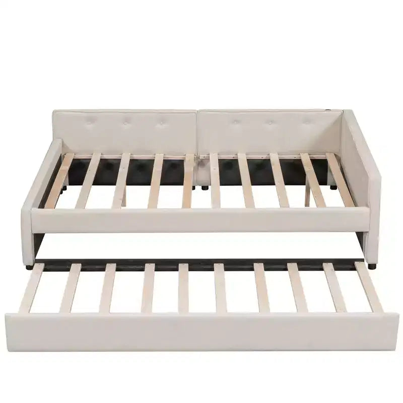 Divano Letto Imbottito con Letto Estraibile e Porta USB, Divano Letto in Legno con Testiera a L per Bambini Adolescenti Adulti, Beige