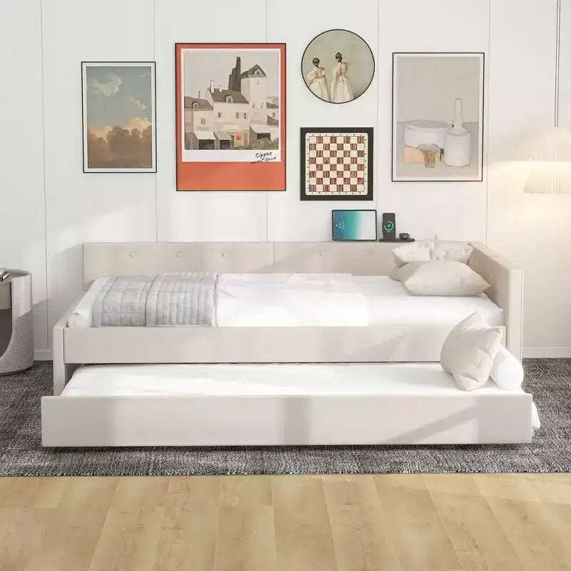 Divano Letto Imbottito con Letto Estraibile e Porta USB, Divano Letto in Legno con Testiera a L per Bambini Adolescenti Adulti, Beige