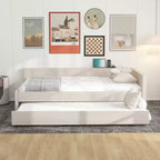 Divano Letto Imbottito con Letto Estraibile e Porta USB, Divano Letto in Legno con Testiera a L per Bambini Adolescenti Adulti, Beige