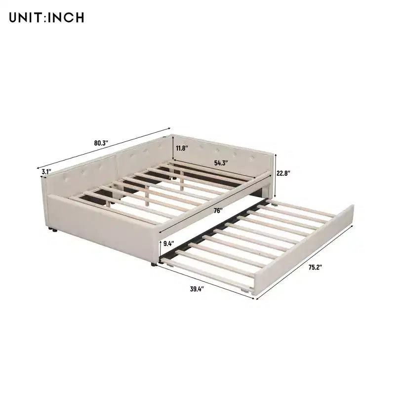 Divano Letto Imbottito con Letto Estraibile e Porta USB, Divano Letto in Legno con Testiera a L per Bambini Adolescenti Adulti, Beige