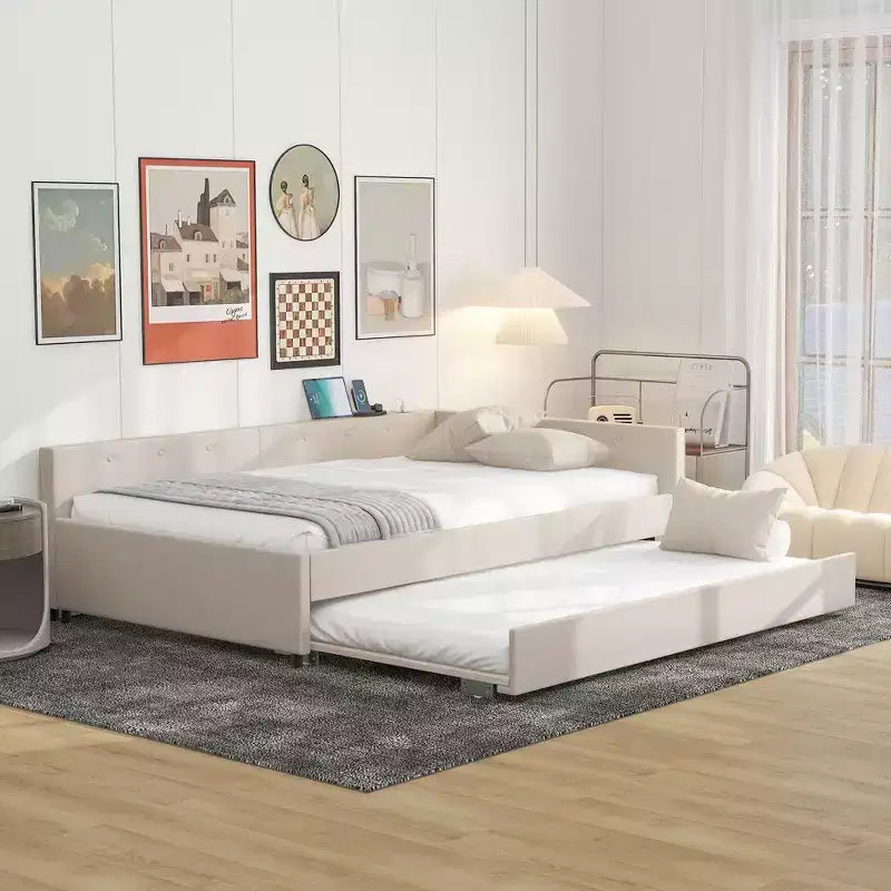 Divano Letto Imbottito con Letto Estraibile e Porta USB, Divano Letto in Legno con Testiera a L per Bambini Adolescenti Adulti, Beige