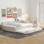 Divano Letto Imbottito con Letto Estraibile e Porta USB, Divano Letto in Legno con Testiera a L per Bambini Adolescenti Adulti, Beige