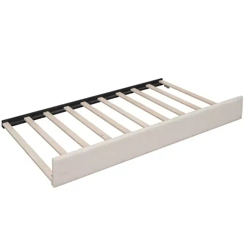 Divano Letto Imbottito con Letto Estraibile e Porta USB, Divano Letto in Legno con Testiera a L per Bambini Adolescenti Adulti, Beige