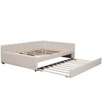 Divano Letto Imbottito con Letto Estraibile e Porta USB, Divano Letto in Legno con Testiera a L per Bambini Adolescenti Adulti, Beige