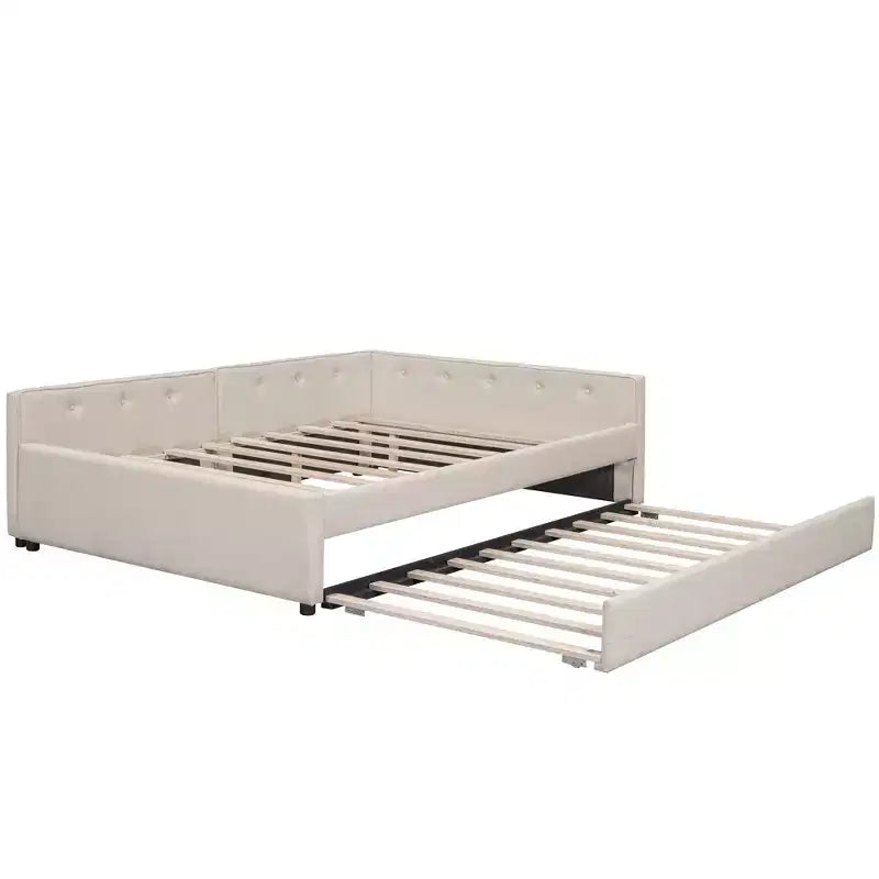 Divano Letto Imbottito con Letto Estraibile e Porta USB, Divano Letto in Legno con Testiera a L per Bambini Adolescenti Adulti, Beige