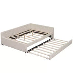 Divano Letto Imbottito con Letto Estraibile e Porta USB, Divano Letto in Legno con Testiera a L per Bambini Adolescenti Adulti, Beige